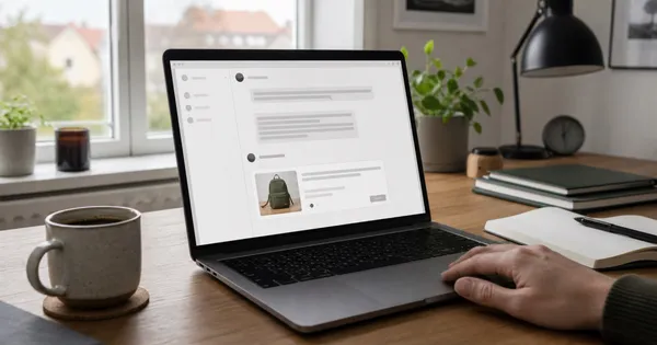 Laptop auf einem Schreibtisch mit einer Chat-Oberfläche und einer abgesetzten Produktanzeige.
